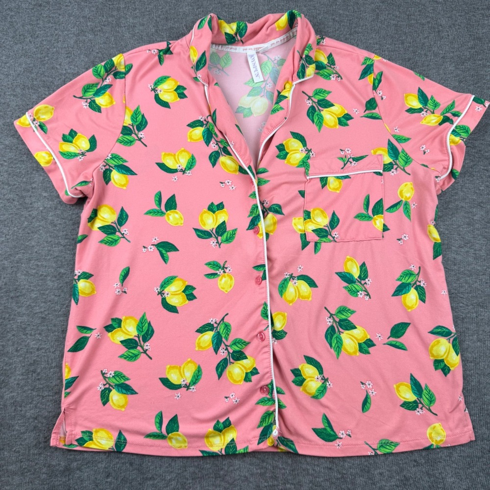 Joyspun Pajama Top Kids M 8-10 Pink Lemon‎ Print Short Sleeve Button Down Shirt